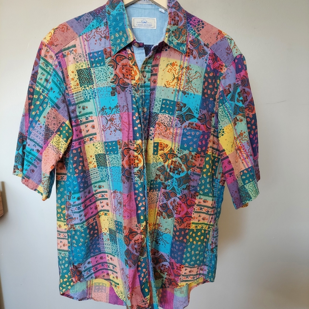Cotton Brothers Button Down Shirt  Sz L 100% Cotton Made In USA Fun Multi Colors